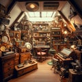 Cluttered attic space filled with vintage tech and antiques