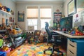 A cluttered childs room with various toys scattered on the floor, A home office with the floor filled with toys, AI Generated