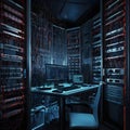 A cluttered computer desk in a dimly lit room, surrounded by numerous tangled wires and cables. AI generated
