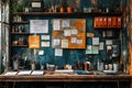 a cluttered and artistic workspace with a wooden desk, shelves filled with supplies, and a textured blue wall covered in notes and Royalty Free Stock Photo
