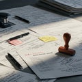 A cluttered desk is covered with papers, some featuring tables and handwritten notes Royalty Free Stock Photo
