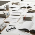 A cluttered desk displays stacks of books, documents, and notebooks Royalty Free Stock Photo