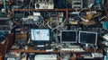 Cluttered Desk With Electronics and Cables Royalty Free Stock Photo