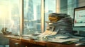 A cluttered desk features towering piles of documents and folders, with sunlight streaming through large windows in a Royalty Free Stock Photo
