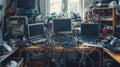 Cluttered Desk With Electronics And Wires Royalty Free Stock Photo