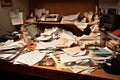 A cluttered desk with papers, documents, and gadgets, illustrating a busy workspace and the challenges of staying organized. Royalty Free Stock Photo