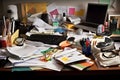 A cluttered desk with papers, documents, and gadgets, illustrating a busy workspace and the challenges of staying organized. Royalty Free Stock Photo