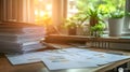 a large stack of paperwork and documents spread out on a wooden desk near a window with sunlight and green plants in the backgroun Royalty Free Stock Photo