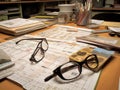 Desk with calendar pen eyeglasses and sticky notes