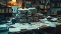 a cluttered desk with stacks of papers, representing a disorganized workspace lacking clear surfaces for efficient work Royalty Free Stock Photo