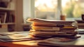 Cluttered desk with stacks of papers in sunlit office environment Royalty Free Stock Photo