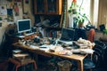 A cluttered desk with various items scattered on it, including a computer, A dining table burdened with work from home life, AI