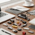 A cluttered desktop features a variety of USB flash drives, s Royalty Free Stock Photo