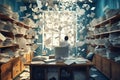 Cluttered office workspace with papers flying, creating a chaotic scene