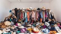A cluttered space filled with various clothing items and hats. Royalty Free Stock Photo