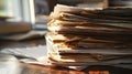 A cluttered stack of old papers and documents on a wooden table. Sunlight illuminates the scene, highlighting the textures of Royalty Free Stock Photo