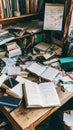 Cluttered student desk with open textbooks, notebooks, stationery, and creative study atmosphere Royalty Free Stock Photo
