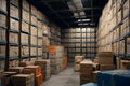 warehouse filled with stacks of cartoon boxes. AI Generated