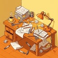 Cluttered wooden desk with scattered papers, writing tools, and coffee in a cozy workspace Royalty Free Stock Photo