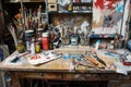 A cluttered work desk with scattered paint brushes and tubes of paint AI generated Royalty Free Stock Photo