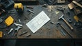 A cluttered workbench with tools and a blueprint, indicating an active construction or renovation project Royalty Free Stock Photo