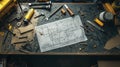 A cluttered workbench with tools and a detailed architectural blueprint for construction Royalty Free Stock Photo