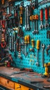 A cluttered workshop with tools and equipment on a blue table Royalty Free Stock Photo