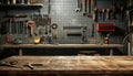 Cluttered workshop with tools and equipment on a table. Royalty Free Stock Photo