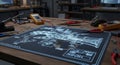 Cluttered workspace desk with architectural blueprint multimeters and electrical tools scattered across surface in disorganized Royalty Free Stock Photo