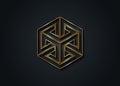 Optical illusion, gold Impossible cube, isometric drawing. Logo Abstract Infinite impossible loop vector design template. logotype