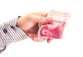 Cman hands with shirt counting chinese currency yuan money isolated on white background Royalty Free Stock Photo