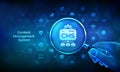 CMS. Content Management System concept with magnifier in wireframe hand and icons. Website and document management, web Royalty Free Stock Photo