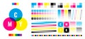 Cmyk bars. Printing house press registration testing colors marks printer calibration colorful symbols garish vector set Royalty Free Stock Photo