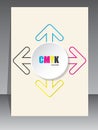 Cmyk brochure with color arrow lines and white 3d circle