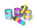 CMYK cans color paint and roller brush 3D Royalty Free Stock Photo