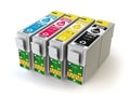 CMYK cartridges for colour inkjet printer isolated on white. Royalty Free Stock Photo