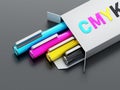 CMYK color pens inside white box. 3D illustration Royalty Free Stock Photo