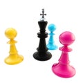 CMYK colored chess figures isolated