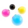 CMYK colored glossy spheres background composition