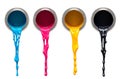 CMYK colors paint dripping out from cans isolated on a white background Royalty Free Stock Photo