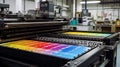 CMYK colors, printing house. Offset printing machine. Royalty Free Stock Photo