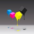 CMYK cubes with blobs on grey background.