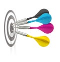 Cmyk darts hitting target