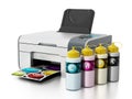 CMYK ink filling bottles and inkjet printer. 3D illustration