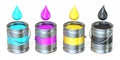 CMYK metal tins with color drops 3D Royalty Free Stock Photo