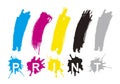 CMYK print colors, exclamation marks, splatters.