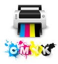 CMYK print concept with printer and 3D letters Royalty Free Stock Photo