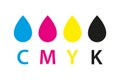 Cmyk print icon. Four drops in cmyk colors symbols. Cyan, magenta, yellow, key, black drops Royalty Free Stock Photo