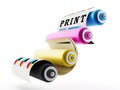 CMYK Printing press with test print. 3D illustration Royalty Free Stock Photo