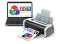 CMYK and RGB color models. Laptop and printer.